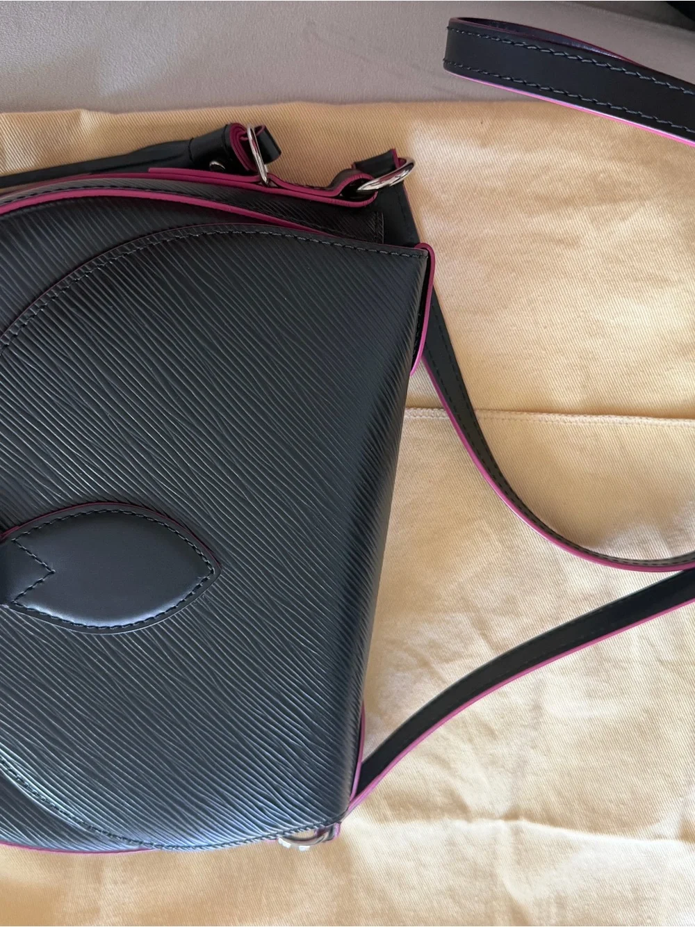 Black Crossbody Bag with Pink Trim and Tassel